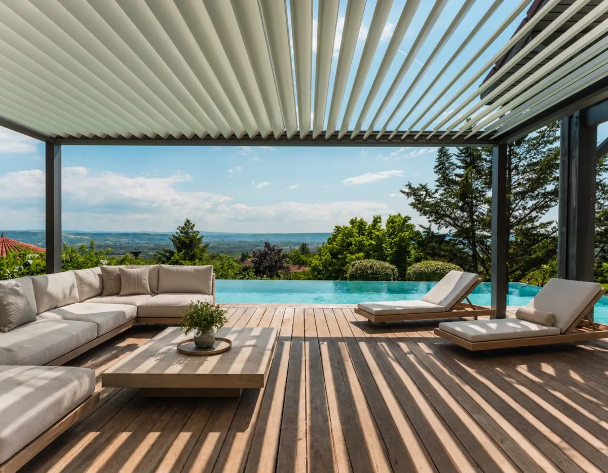 Pergola bioclimatique en aluminium à lames orientables installée sur une terrasse
