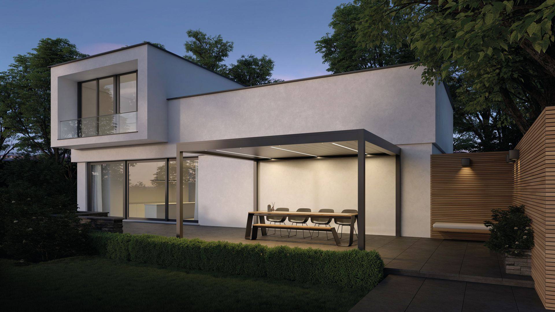 Terrasse avec protections solaires