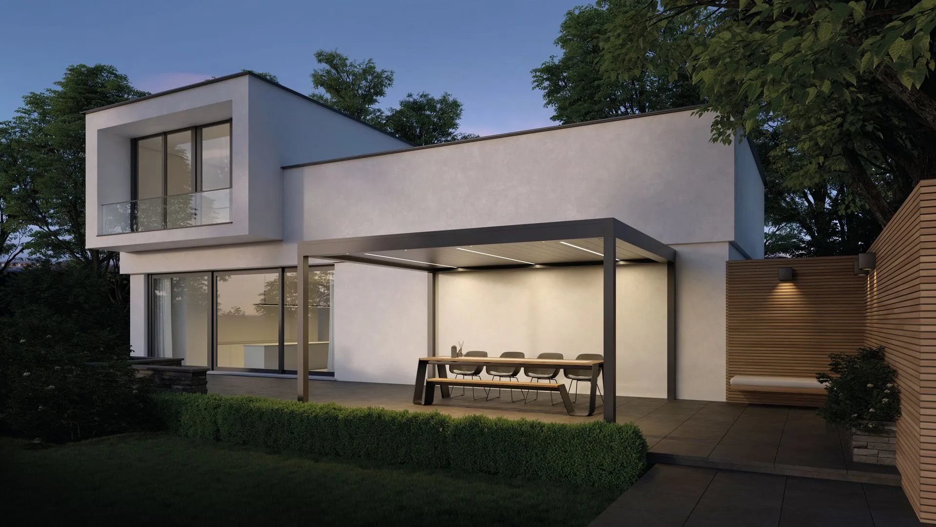 Pergola bioclimatique en aluminium à lames orientables au-dessus d’une terrasse